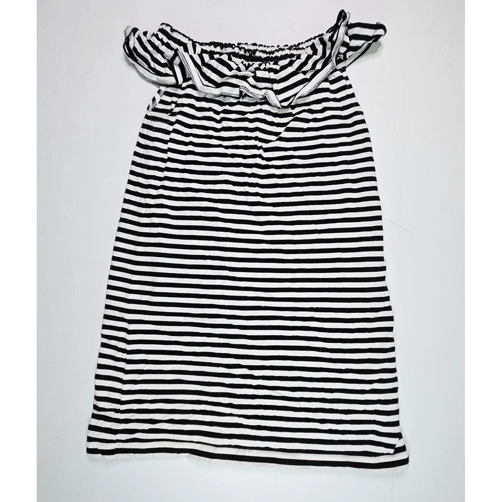 Kate Spade Stripe Off‎ the Shoulder Dress Women L Black White Ruffle Cotton H317